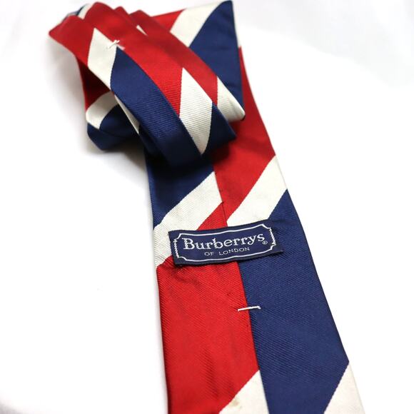 Vintage Burberrys of London Red Navy Wide Stripe Silk Tie 3.25” Blade - Picture 3 of 3